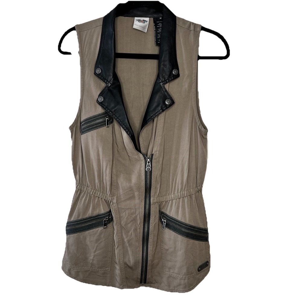 Harley Davidson Women's Brown Twill Vest M Asymmetrical Zip Leather Trim Vintage